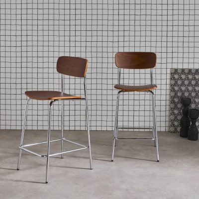 Tabouret de bar vintage effet noyer et pieds métal chromé (lot de 2)