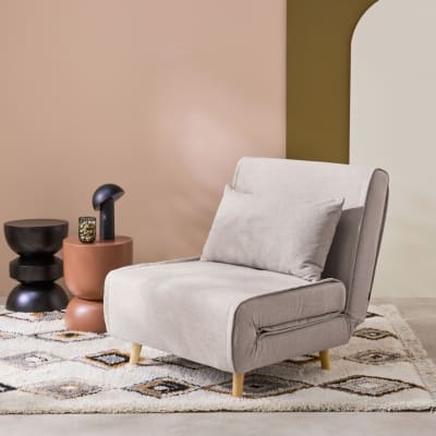Chauffeuse convertible tissu piétement bois 1 place beige