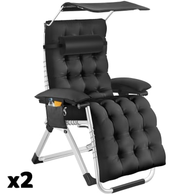 Lot 2 chaises longues pliables avec pare-soleil et repose-pieds noir