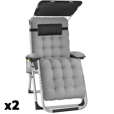 Lot 2 chaises longues pliables pare-soleil et repose-pieds gris clair
