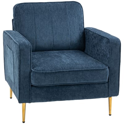 Fauteuil salon pochettes latérales pieds en acier doré bleu