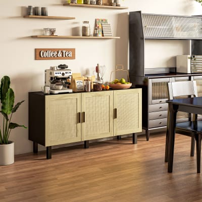 Buffet rotin portes cannage rotin et bois noir et naturel