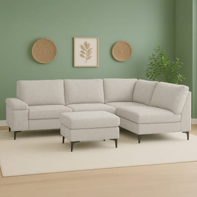 Canapé d'angle 4/5 places en tissu chenille beige avec pouf