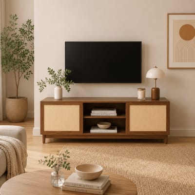 Meuble tv effet noyer et rotin 150cm