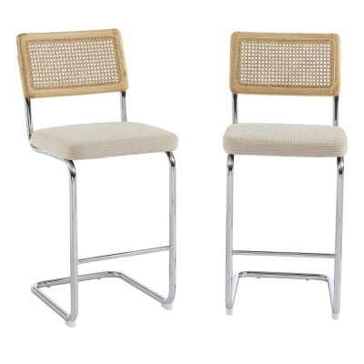 Lot de 2 tabourets mi-hauts cannage velours côtelé beige