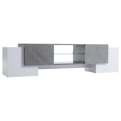 Meuble TV moderne blanc & gris étagère en verre avec éclairage LED