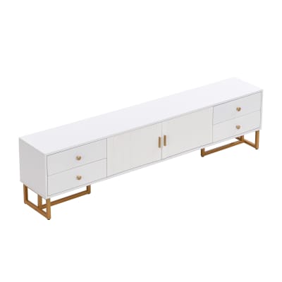 Meuble TV blanc avec 4 tiroirs, 2 portes texturés et accents dorés