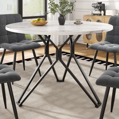 Table de salle à manger ronde effet marbre blanc pieds noires