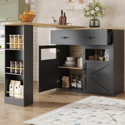 Table de bar extensible 360° noire et effet bois et verre