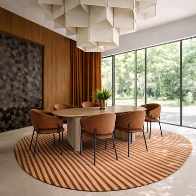 Ensemble table ovale effet bois 220cm et 6 fauteuils tissu terracotta