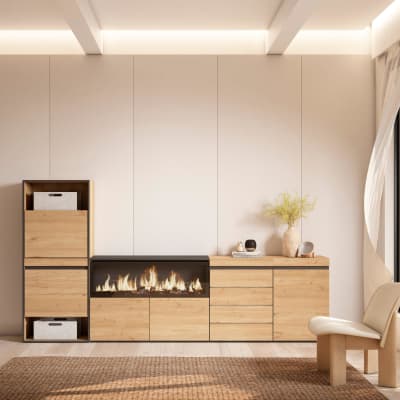 Meuble à chaussure effet bois de chêne 274x35x145cm cheminée effet feu