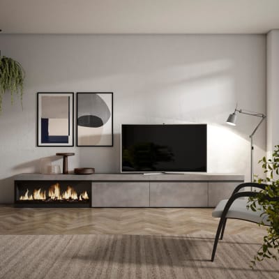 Meuble tv effet bois ciment 317x35x45cm cheminée effet feu xxl