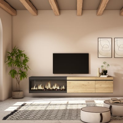 Meuble tv effet bois de chêne noir 237x35x45cm cheminée effet feu xxl