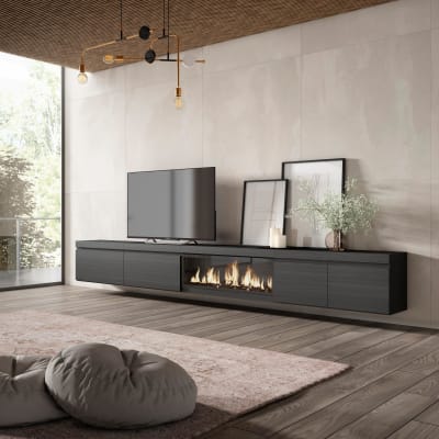 Meuble tv effet bois noir 368x35x45cm cheminée effet feu xxl