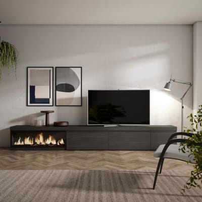 Meuble tv effet bois noir 317x35x45cm cheminée effet feu xxl