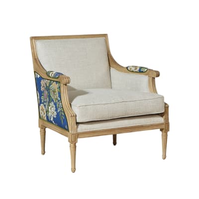 Fauteuil bergère en bois massif et tissu lin fleuri bleu lin