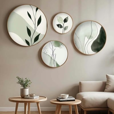 Tableau rond nature vert et blanc – cadre bois (set de 4)