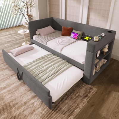 Lit enfant en lin gris, 90x190 cm, avec lit gigogne et port usb