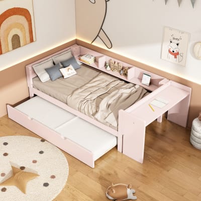 Lit enfant en bois rose 90x200 cm avec lit gigogne et bureau