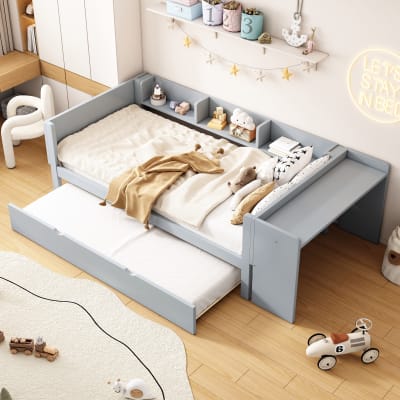 Lit enfant en bois gris 90x200 cm avec bureau