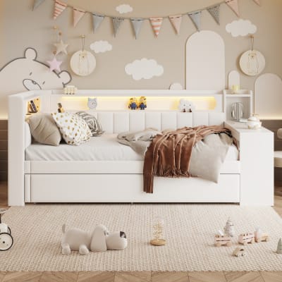 Lit enfant gigogne  led 90x190/200 cm avec bureau, en bois blanc