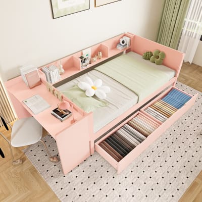 Lit enfant en bois rose 90x200 cm avec 2 tiroirs et bureau