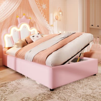 Lit enfant led en cuir rose avec sommier coffre, 90x200 cm
