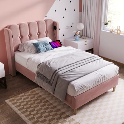 Lit enfant en velours rose, 90x200 cm, avec port usb type c