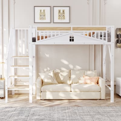 Lit mezzanine en métal blanc 90x200 cm avec rambarde et échelle