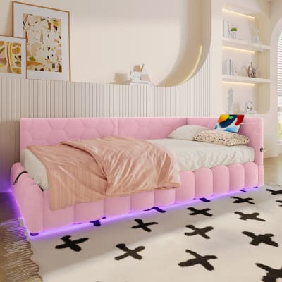 Lit enfant coffre en velours rose, 90x200 cm, avec port usb et led