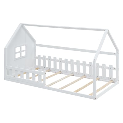 Lit enfant plat en bois blanc 90x200 cm avec barrière de sécurité