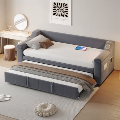Lit enfant en velours gris clair 90x190 cm avec lit gigogne et usb