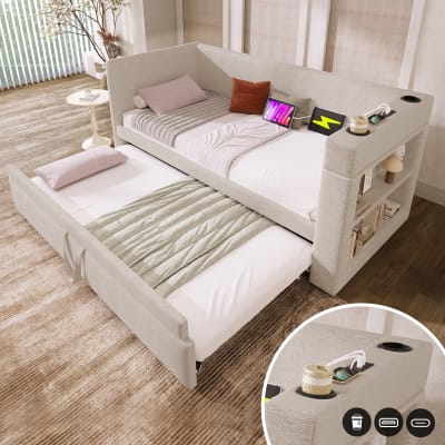 Lit enfant beige en coton et lin 90x190 cm avec lit gigogne et usb