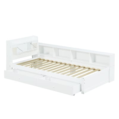 Lit enfant 90x200cm avec 2 lampes, tiroirs et ports, pin blanc