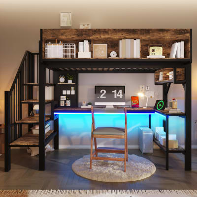 Lit mezzanine avec bureau, rangements, 90x200 cm, noir vintage