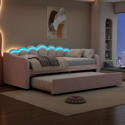 Lit enfant en velours beige 90x200 cm avec lit gigogne 90x190 cm