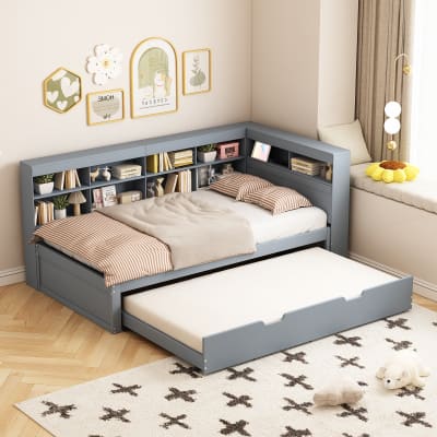 Lit enfant en bois gris 90x200 cm avec lit gigogne 90x190 cm