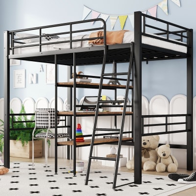 Lit mezzanine 90x200cm avec bureau, étagères et barrière, métal noir