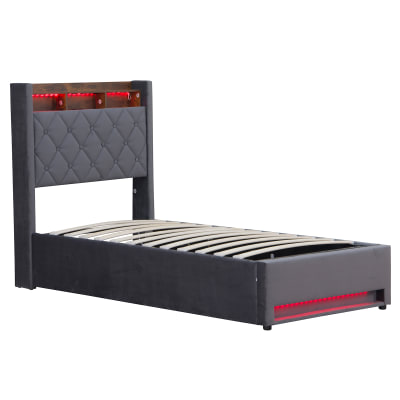 Lit coffre avec led, ports usb et rangement, velours gris, 90x200 cm