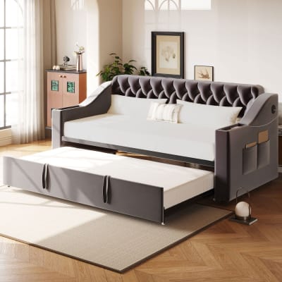 Lit enfant en velours gris foncé 90x190 cm avec lit gigogne et usb