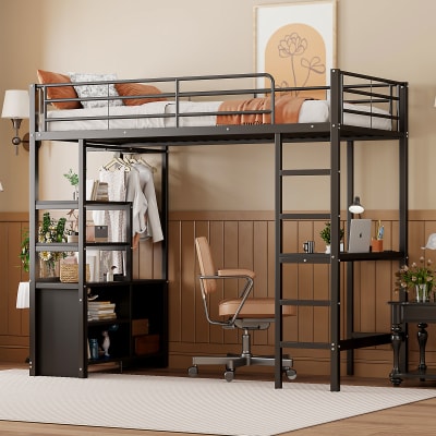 Lit mezzanine 90x200cm en métal, bureau et étagères de rangement, noir