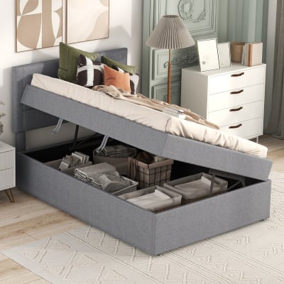 Lit mezzanine bois gris 90x200 cm sommier coffre rangement