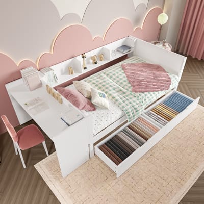 Lit enfant en bois blanc 90x200 cm avec bureau et 2 tiroirs