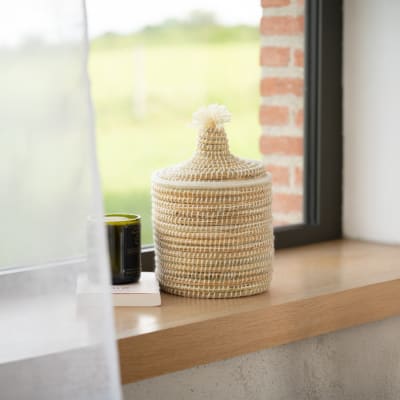 Panier avec couvercle laine rotin blanc 20x25 cm