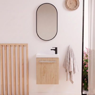Ensemble lave-mains suspendu  avec robinet noir et miroir ovale