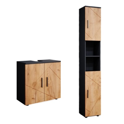 Meubles bain 2 parties avec armoire haute chêne doré 30x192cm