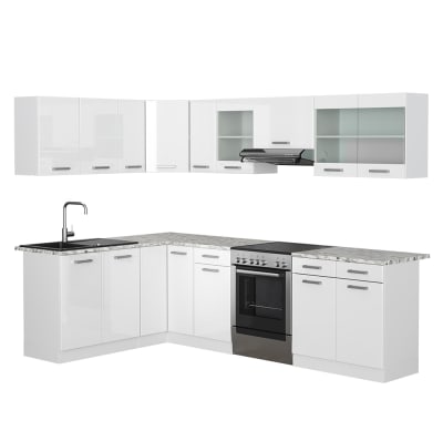 Cuisine dangle, pt marbre blanc haute brillance/blanc 267x81.6cm