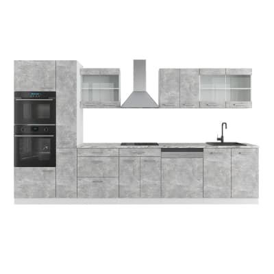 Cuisine  avec armoire haute, pt marbre, béton/blanc 350 x 206.8cm