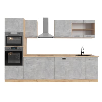 Cuisine avec armoire haute pt chêne béton/force dor chêne 300x81,6cm