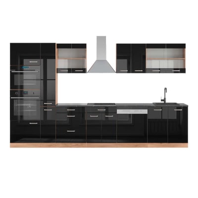 Cuisine avec armoire haute ap anthracite noir brillant 350x81,6cm
